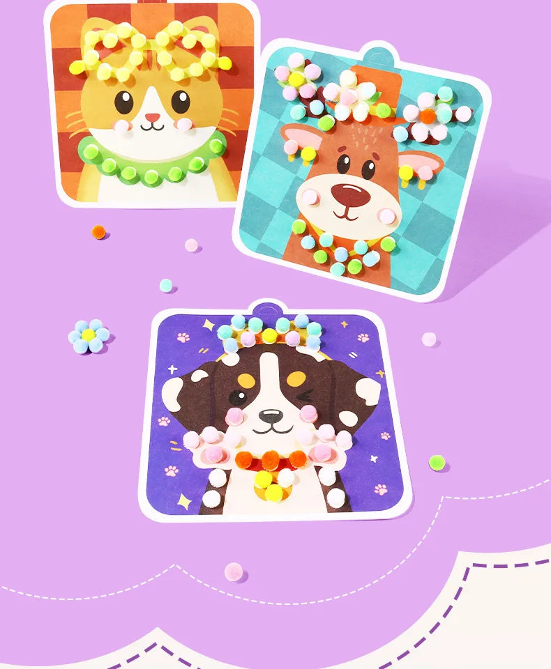 Handmade Material Children's Sticker Book Educational Early Learning Animal Pompom Art Kit Cartoon Montessori Pompom Crafts Toy