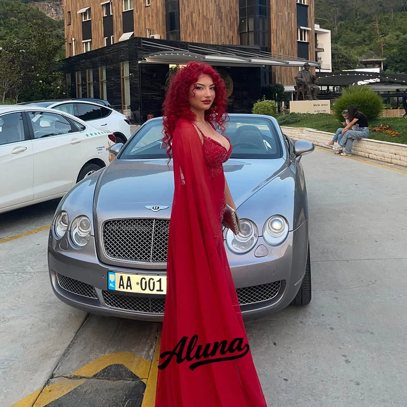 Abito da sera Aluna personalizzato 2026 rosso lucido a sirena con paillettes, scollo a cuore e spacco alto - Vestidos Robes De Soiree
