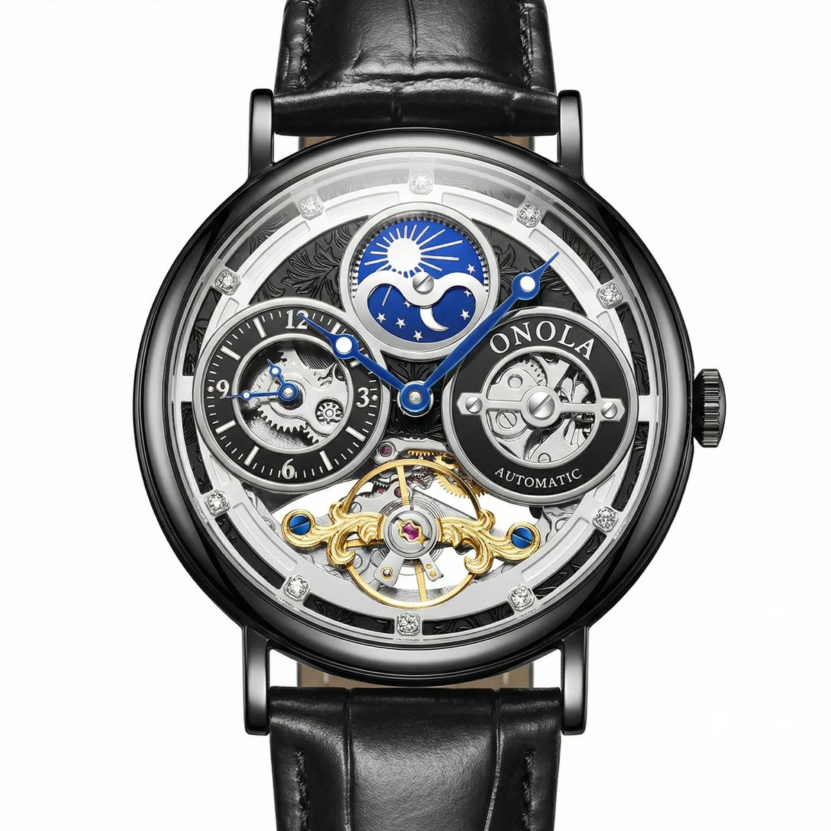 Orologio Meccanico da Uomo ONOLA, Cassa Rotonda, Quadranti Multipli, Quadrante Cavo con Fasi Lunari Giorno Notte, Regalo per Lui