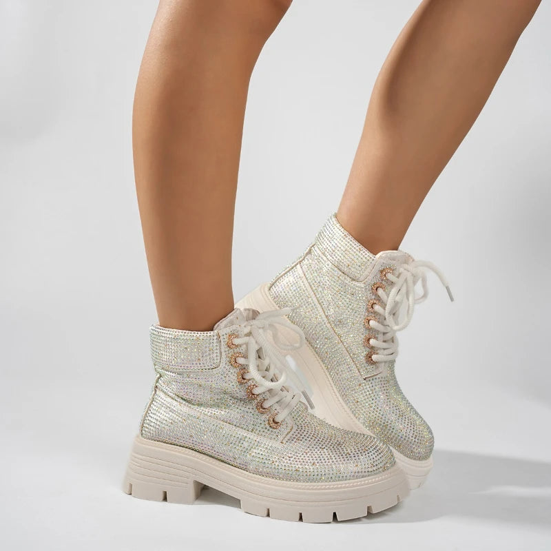 Stivali da Donna di Alta Qualità con Suola Spessa, Tacco Largo, Punta Rotonda, Allacciatura con Strass, Versatili, Comodi, Antiscivolo e Traspiranti