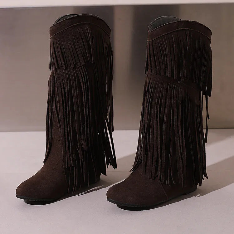 Ochanmeb stivali con frange Western rosso vino per donna stivali con tacco rialzato giallo nappe nere senza Zip scarpe da donna calde e larghe al polpaccio