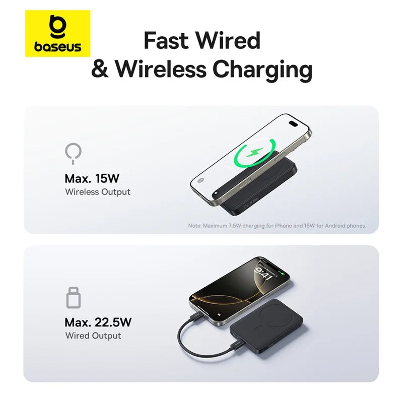 Baseus Power Bank Magnético de 22.5W 10000mAh Carga Rápida PD por Cable y Carga Inalámbrica de 15W Compatible con iPhone 17 Pro Max Samsung S26