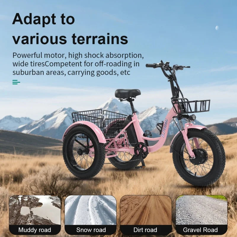 Electric Tricycle For Adult 3 Wheels 500W 48V Fat Tire Electric Cargo Bicycle Ladies Waterproof And Anti-Theft Battery Removable