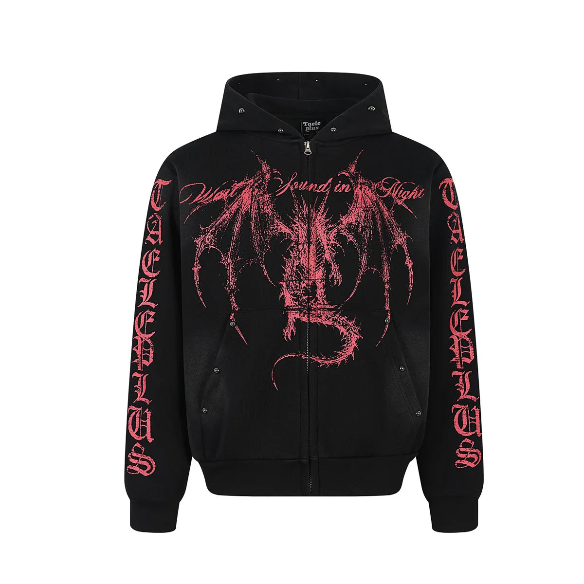 Felpa con Cappuccio Gotica Unisex con Zip, Effetto Lavato e Borchie, Cardigan con Finitura Spray, Top