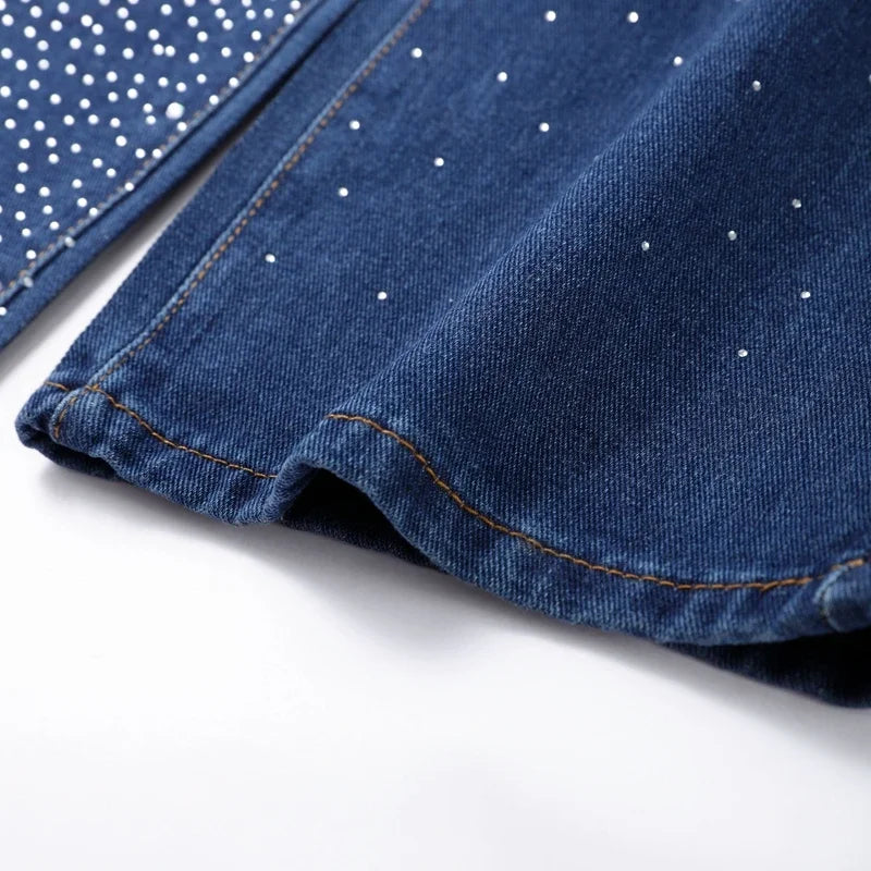 Jeans larghi a gamba larga da donna con strass lucidi Pantaloni in denim a gamba larga con diamanti pieni Pantaloni lavati vintage Pantaloni casual