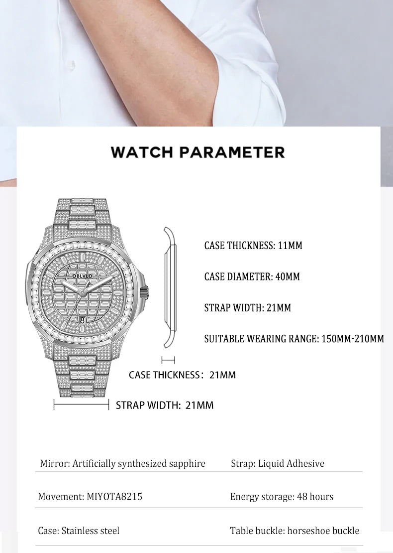 Orologio Quadrato di Lusso da Uomo OBLVLO con Movimento Meccanico Automatico, Diamanti Rosa, Cinturino in Silicone, Impermeabile FM-DSL
