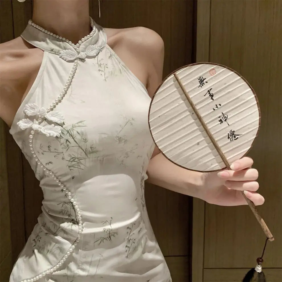 Abito lungo a vita alta senza maniche, stile retrò, con perline, modello cheongsam migliorato, aderente e snellente, per il tempo libero e il commuting.