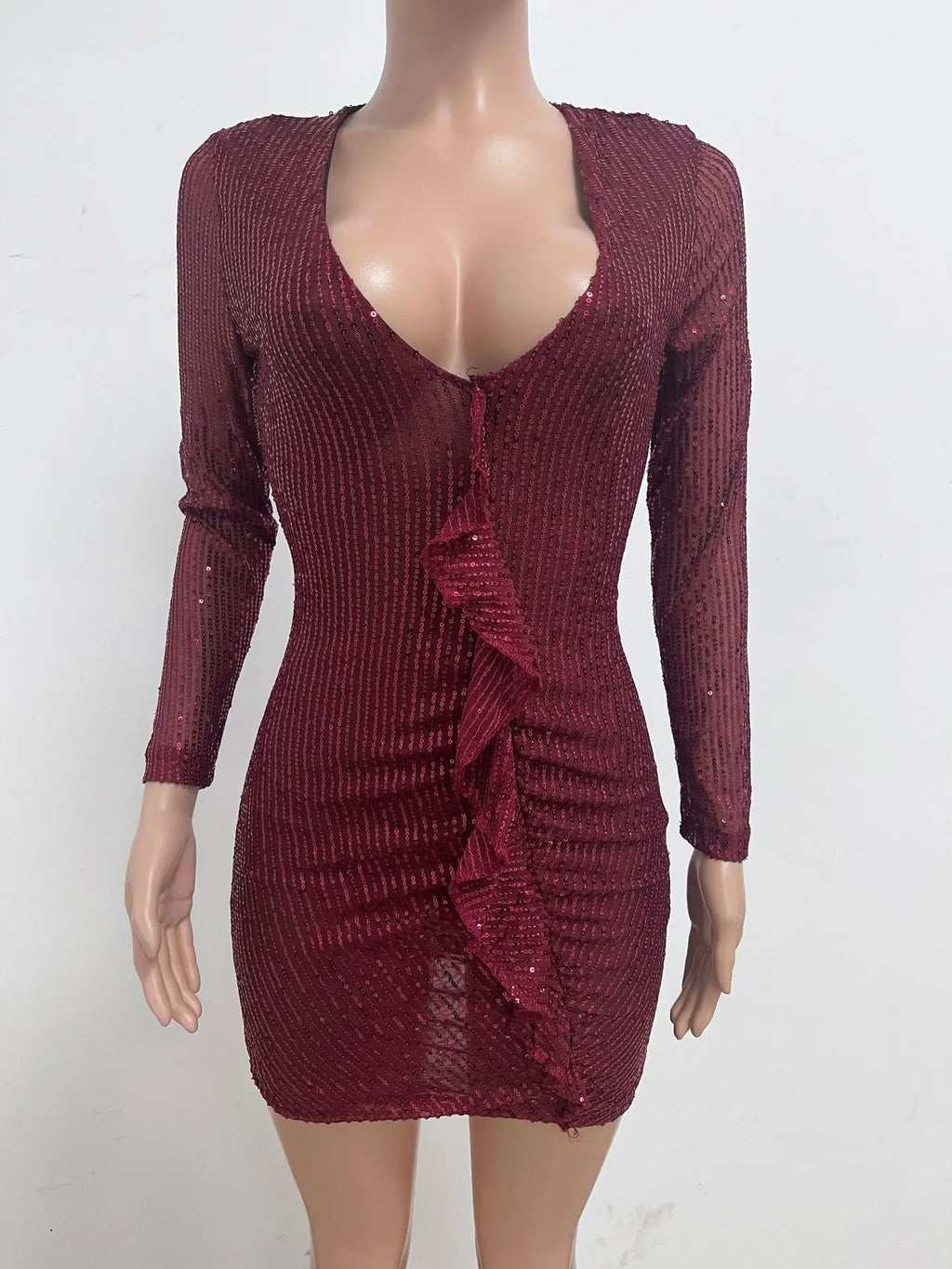 Abito V-link Abiti 2025 Donna Ruffles Maniche lunghe Pieghettato Tinta unita Paillettes Temperamento Sexy Elegante Tinta unita