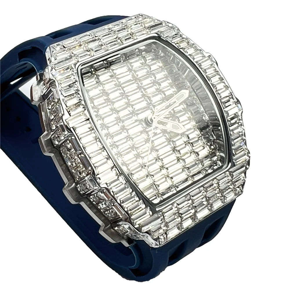 Orologio da uomo di marca di lusso Orologio tonneau unico di moda Orologio da polso con cinturino in caucciù impermeabile con quadrante blingbling con diamanti Regalo di vendita calda