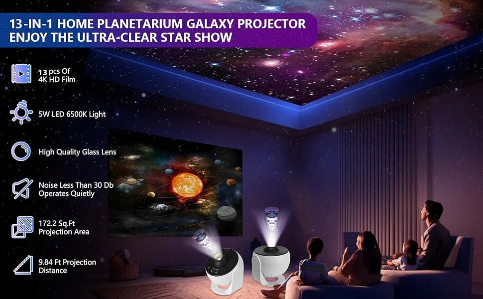 Bedroom Galaxy Projector Night Light HD Image Star Projector 13 Film Discs Kids Planetarium Projector 360° Rotation Galaxy Light