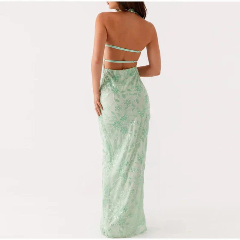 Abito da festa lungo ricamato da donna elegante Abito da festa femminile senza maniche con scollo all'americana sottile Abiti da festa estivi da donna