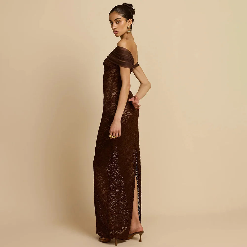 Apprabant Donne 2025 Nuovo Off Spalla Sirena Abito Da Sera Sexy Sheer Lace Patchwork Maglia Sottile Abito Lungo Elegante Partywear