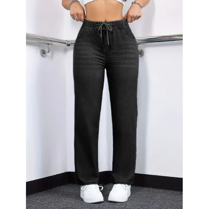 Jeans da donna di lusso alla moda 2026, casual, lavati, con coulisse, elasticizzati, a gamba dritta, stile Y2K streetwear, abbinabili a tutti gli outfit quotidiani