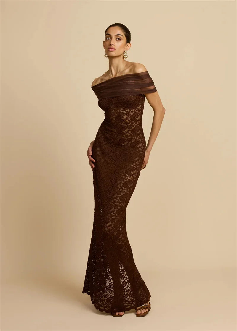 Abito lungo sexy senza schienale con spalle scoperte in pizzo Abito da donna Elegante abito da club aderente diviso senza spalline senza spalline