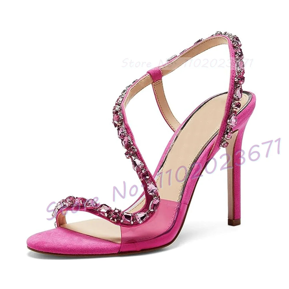 Sandali con cinturino incrociato in cristallo rosso Sandali da donna con motivo serpente Slingback Tacchi alti Scarpe dorate Sandali eleganti scintillanti da festa casual da donna