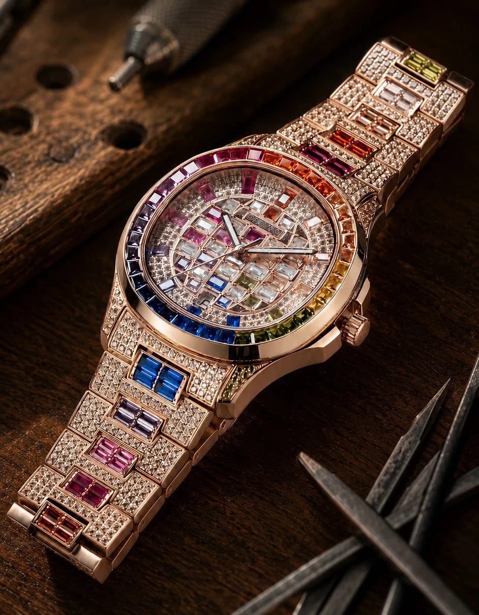 OBLVLO Orologio Automatico da Uomo 40mm Quadrato, Orologio da Polso Meccanico Impermeabile con Quadrante e Cinturino Incastonati di Cristallo, Vetro Zaffiro Luminoso