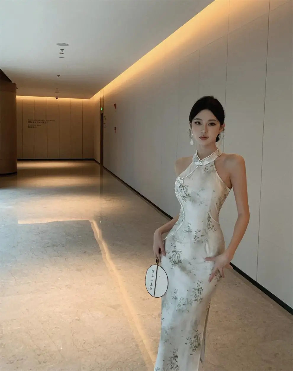 Abito lungo a vita alta senza maniche, stile retrò, con perline, modello cheongsam migliorato, aderente e snellente, per il tempo libero e il commuting.