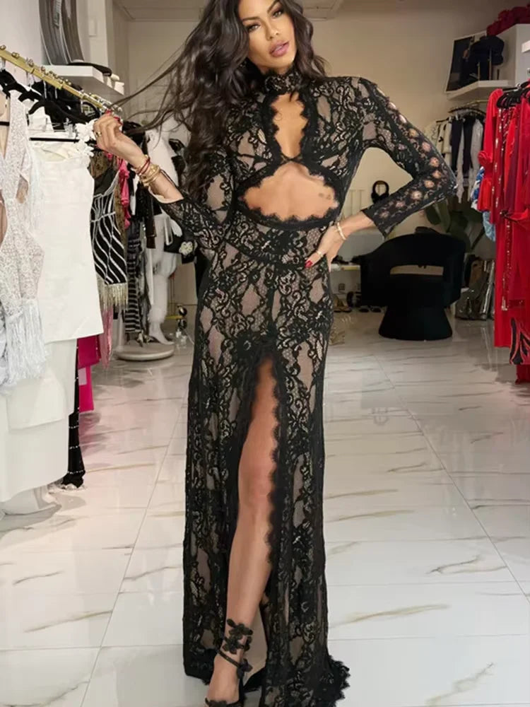 Huhugirl Abiti lunghi da donna in pizzo, traforati, tinta unita, sexy, a maniche lunghe, con spacco, alla moda, con colletto rialzato, stile street, casual da donna