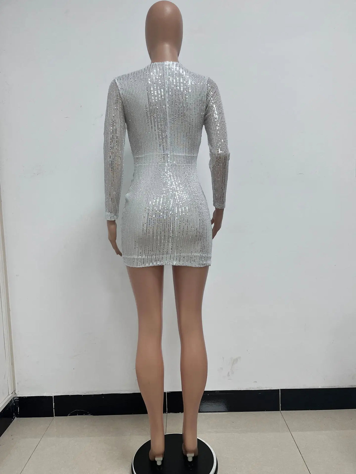 Gonna da donna con paillettes a maniche lunghe con scollo a V profondo Temperamento Abito aderente con bordo arricciato a pieghe Abito estivo da donna