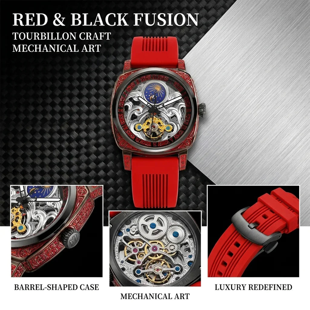 Orologio Meccanico da Uomo con Quadrante Rosso, Cinturino in Lega, Stile Vintage, Dettagli di Lusso, Ideale per Affari, Feste e Vacanze
