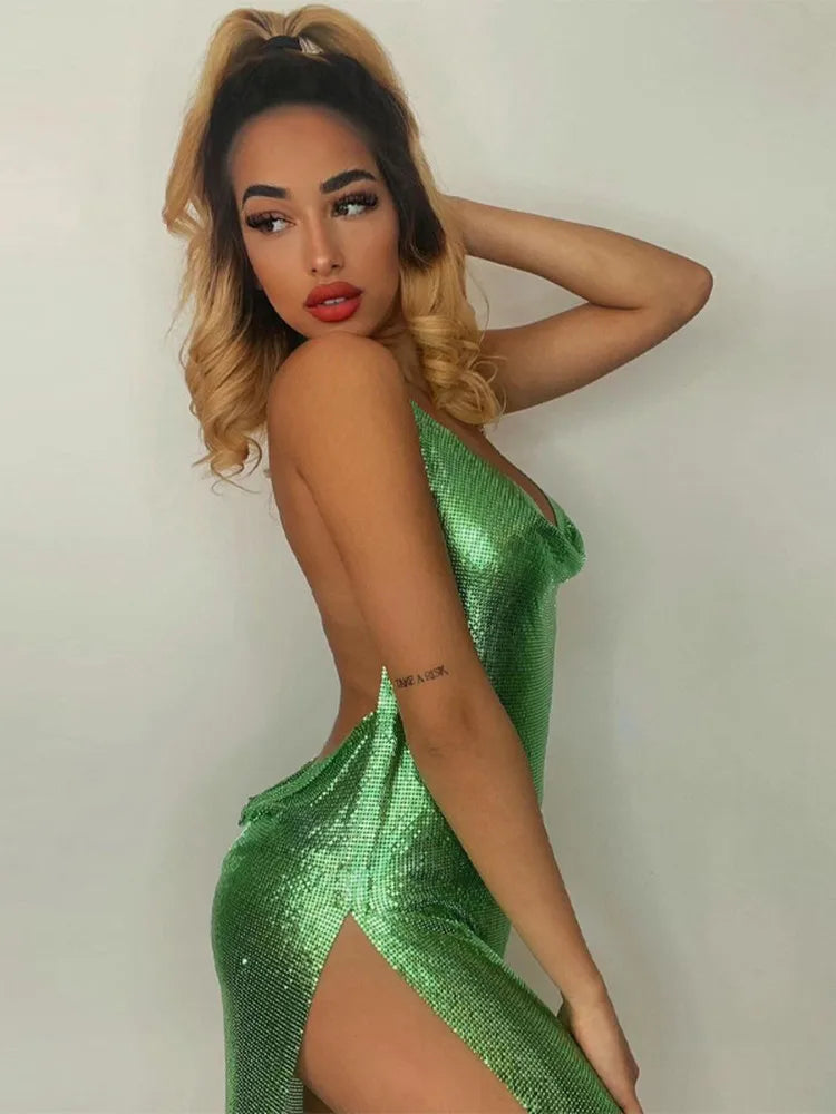 Mini abito aderente sexy per donna Bling Glitter Evening Prom Donna Halter Spacco laterale Backless Party Club Abiti estivi