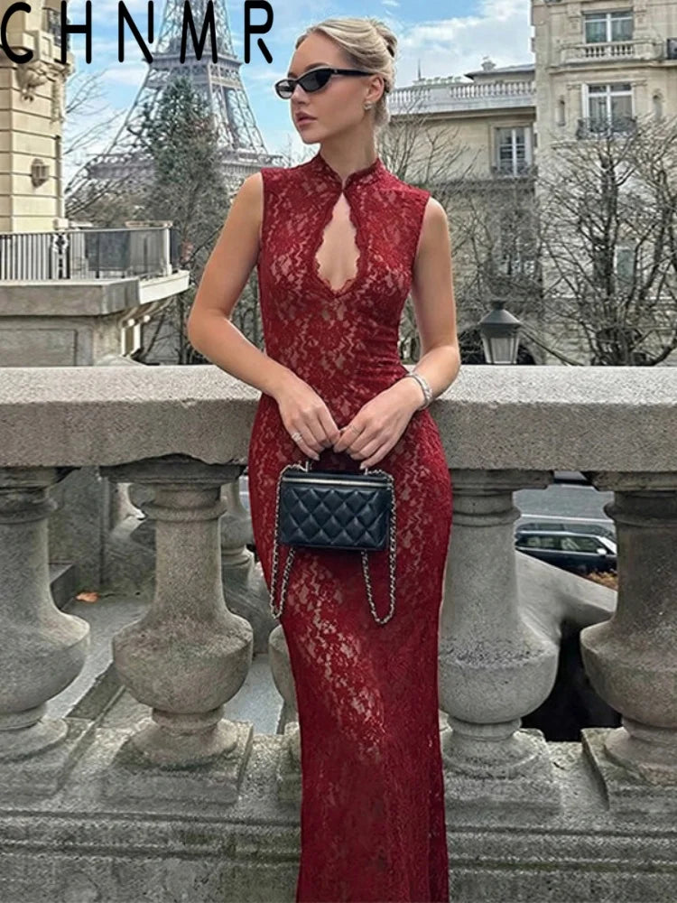 CHNMR Abito Cheongsam Sexy in Pizzo Rosso Senza Maniche, Vestito Lungo Aderente con Scollo a Goccia, Abito da Sera per Feste e Cerimonie, Abbigliamento Formale da Donna
