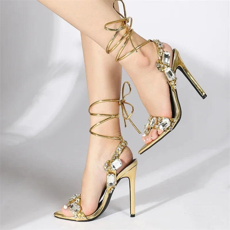 Scarpe da Donna Sexy con Cinturino alla Caviglia, Sandali Dorati per Feste e Discoteche, Tacchi da Spogliarellista, Scarpe da Sposa di Alta Qualità con Cristalli e Diamanti