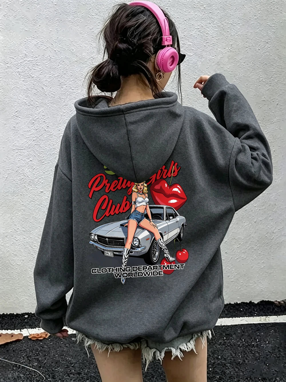 Felpe con Cappuccio Stampate Pretty Girls Club, Pullover Caldi in Pile Sportivi da Jogging per Donne, Felpe Invernali Larghe, Abbigliamento Casual con Tasche