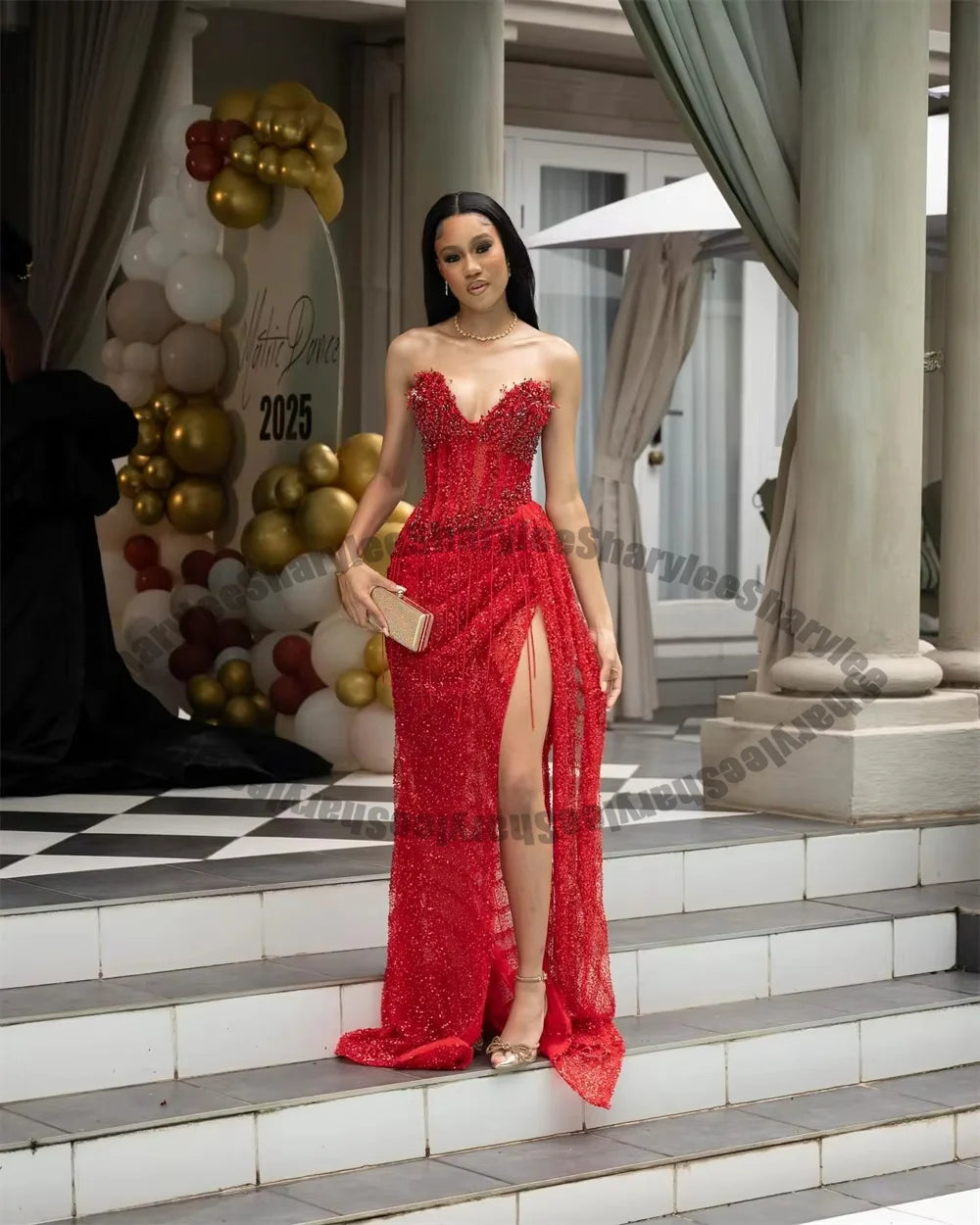 Abito da ballo rosso personalizzato con corsetto a tromba, spacco laterale alto, pieghe, senza maniche, Vestidos De Noche, lungo fino al pavimento, formale da sera