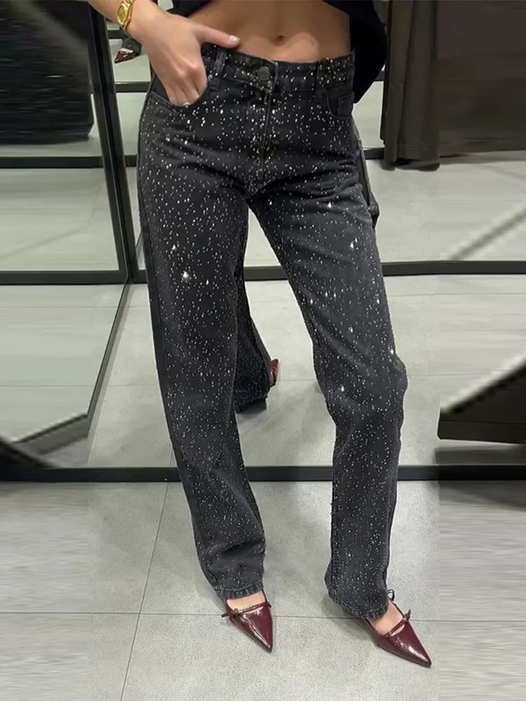 Pantaloni da donna in denim con diamanti chic Tasche a vita media con glitter alla moda Jeans femminili 2025 Pantaloni lunghi da donna di High Street primavera estate
