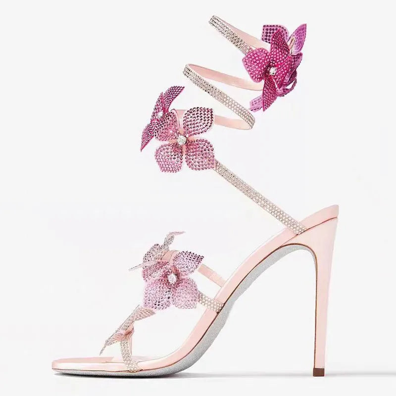 Strass di lusso Fiori Sandali gladiatore da donna Sexy Spago serpente Cinturino alla caviglia Tacchi alti Scarpe da ballo estive da sposa Sandali