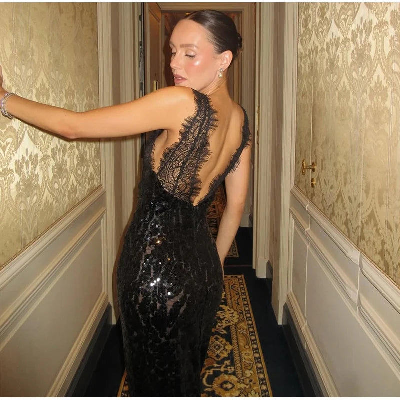 Sexy profondo scollo a V patchwork di pizzo con paillettes abito lungo da donna sottile senza maniche backless hip pacchetto abiti 2026 primavera abito da festa della signora