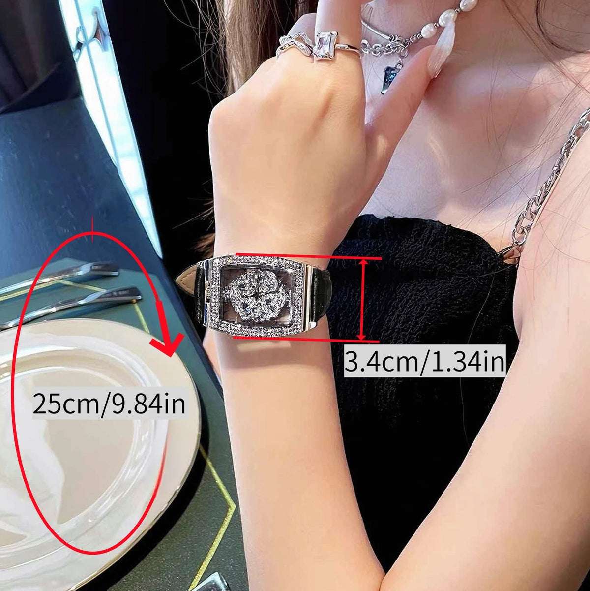 1 orologio da donna con quadrante preciso a forma di botte, alla moda ed elegante, decorazione con diamanti sul fondello trasparente, regina da poker rotante