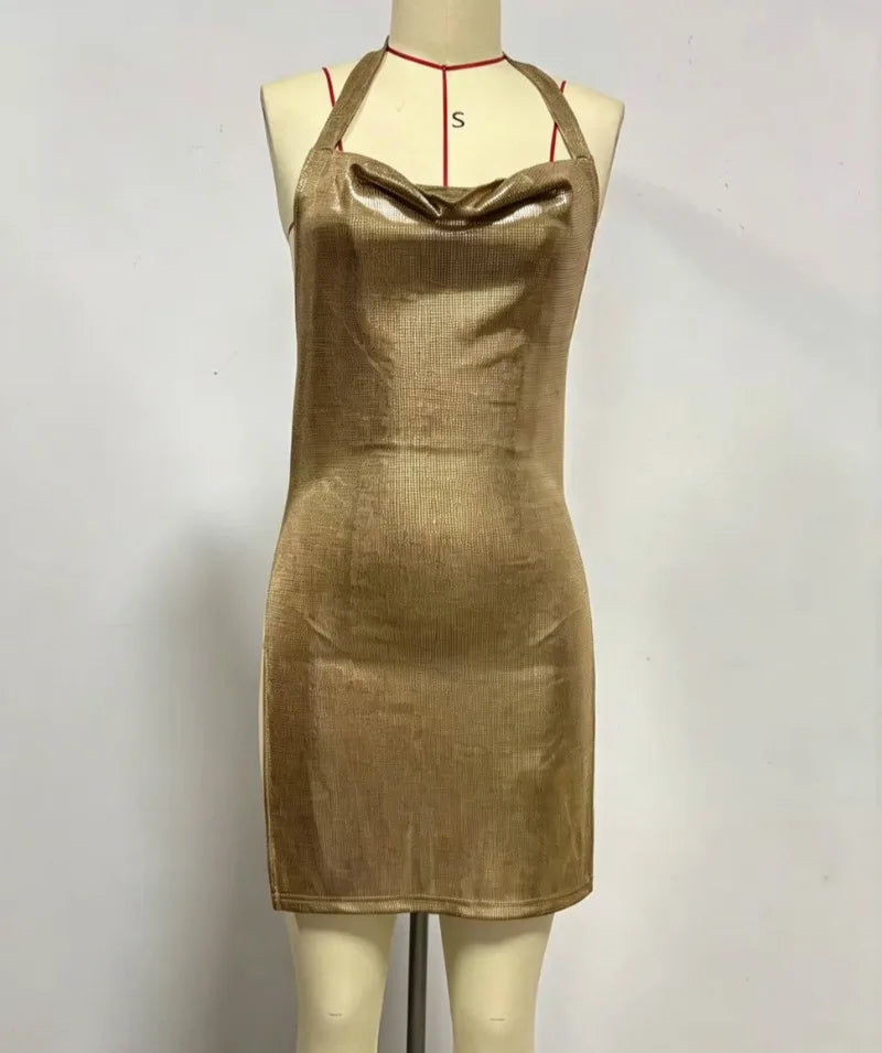 Abito Mini Sexy e alla Moda con Scollo a V, Paillettes Metalliche, Colletto Drappeggiato e Schiena Scoperta per Feste e Balli