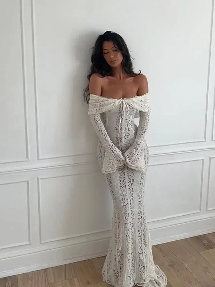 Sexy Hollow Out Women See-through Lace Up Party Dress femminile maniche svasate petto avvolto abiti 2024 Summer Lady Seaside Gowns