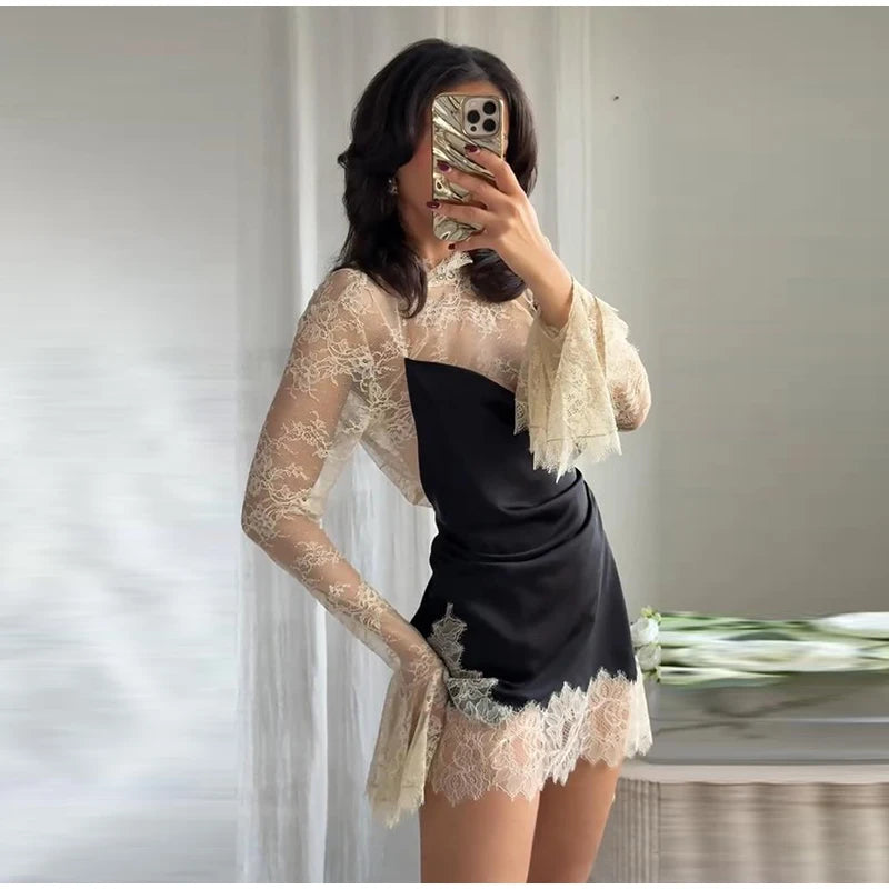 Sexy profondo scollo a V patchwork di pizzo con paillettes abito lungo da donna sottile senza maniche backless hip pacchetto abiti 2026 primavera abito da festa della signora