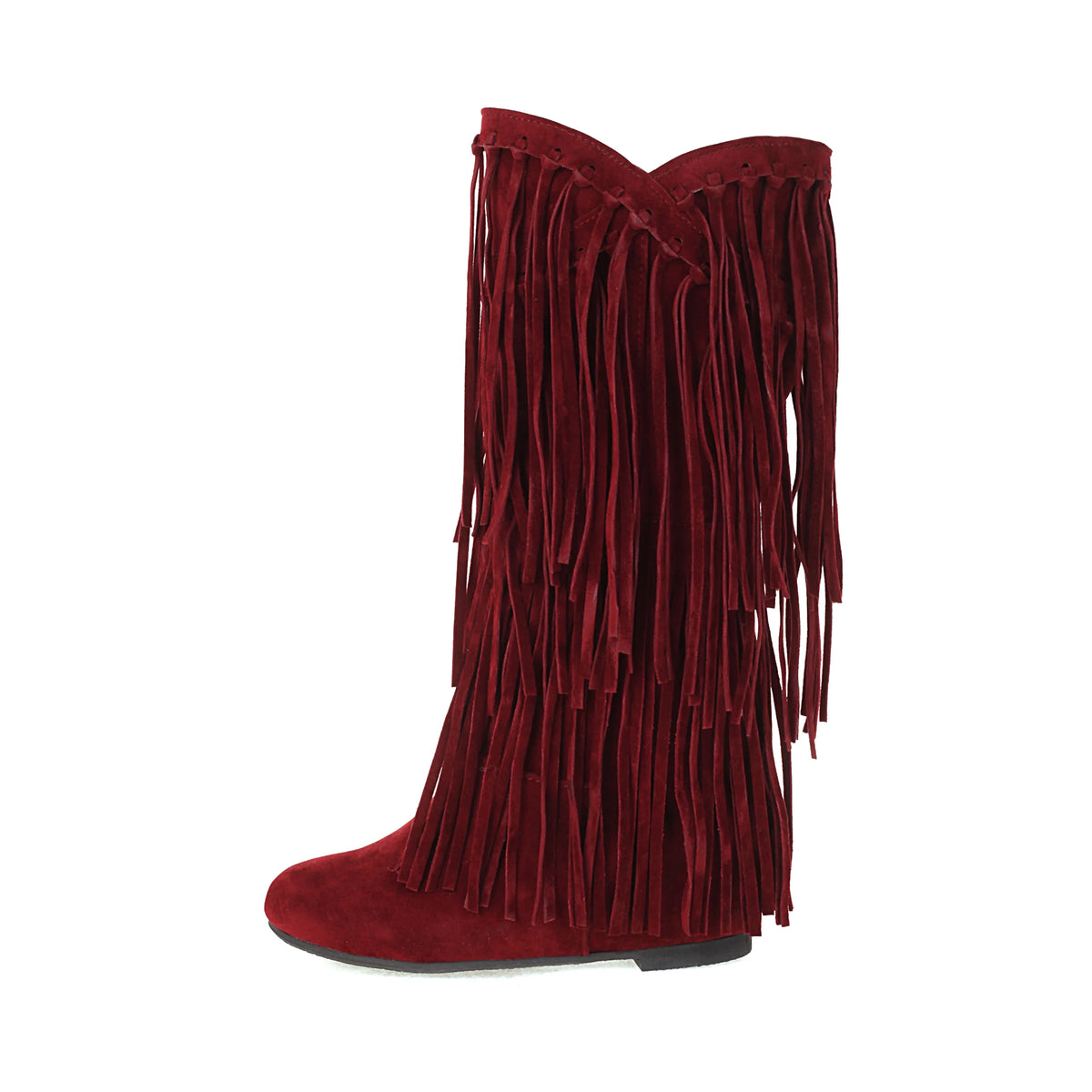 Scarpe da donna primavera e autunno moda nuovo stile Sexy stivali da donna al ginocchio floccato punta tonda frangia alta 3cm plus size 34-48