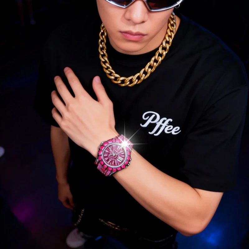 Orologio da Polso Hip Hop Pffee per Uomo, Orologi di Lusso con Diamanti, Orologio con Rubini alla Moda per Donna, Impermeabile con Calendario, Regalo per Ragazze