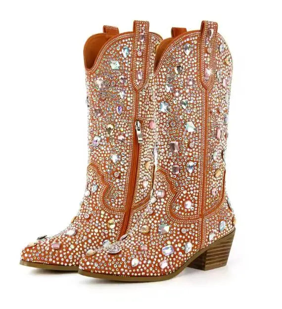 Stivaletti da Donna Stile Western con Strass e Gemme, Punta Rotonda, Neri e Blu, Stivali alla Moda con Cristalli
