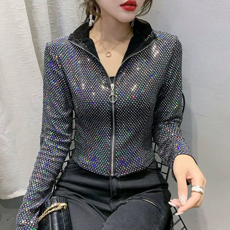 Giacca Autunnale da Donna, Nuova Giacca Corta con Paillettes, Moda Femminile, Manica Lunga, Design Elegante, Camicia Sexy