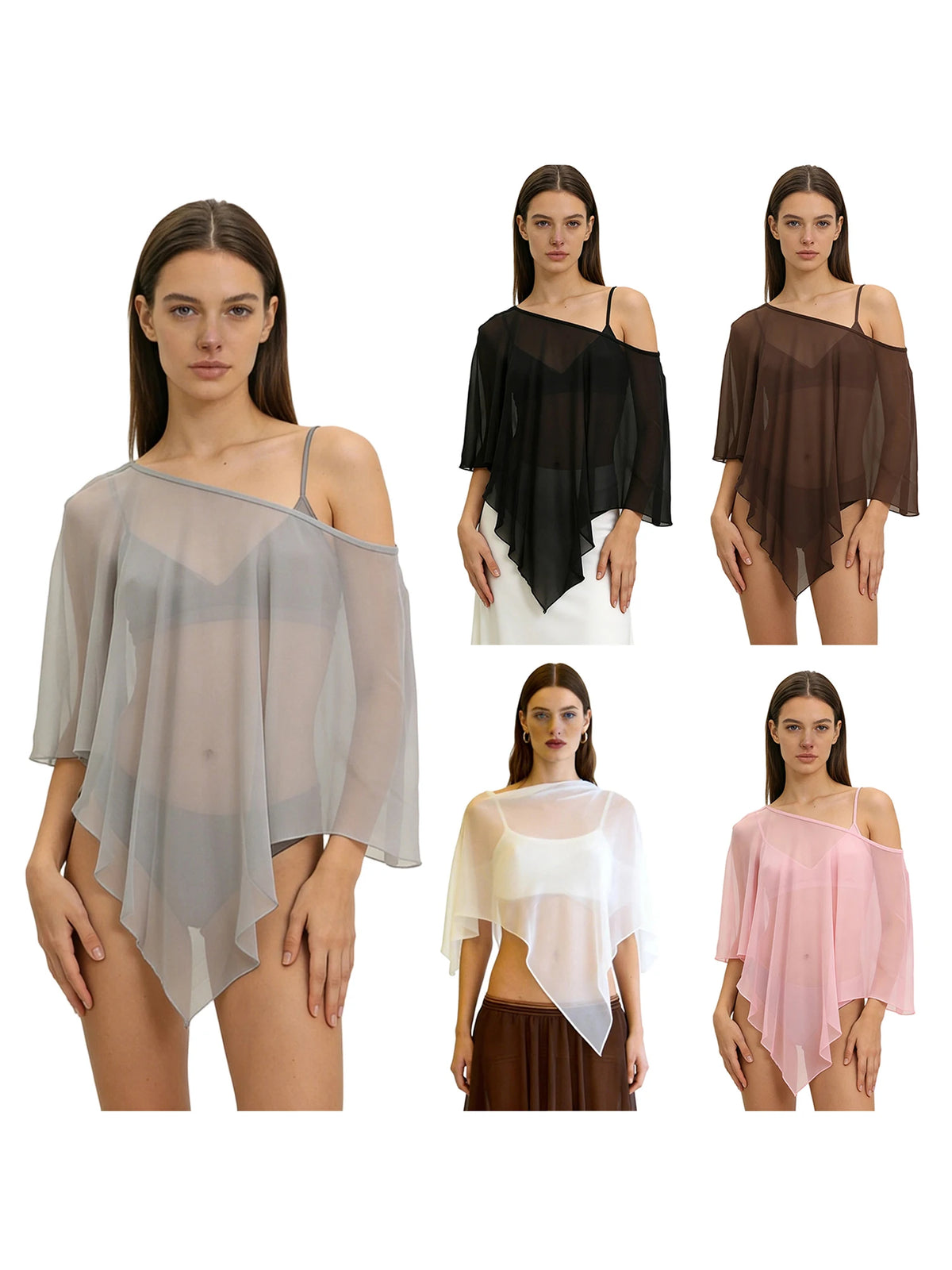Poncho Trasparente per Donne, Scialle Asimmetrico in Rete, Mantella in Chiffon Trasparente, Copricostume per Abiti da Sera e Matrimoni