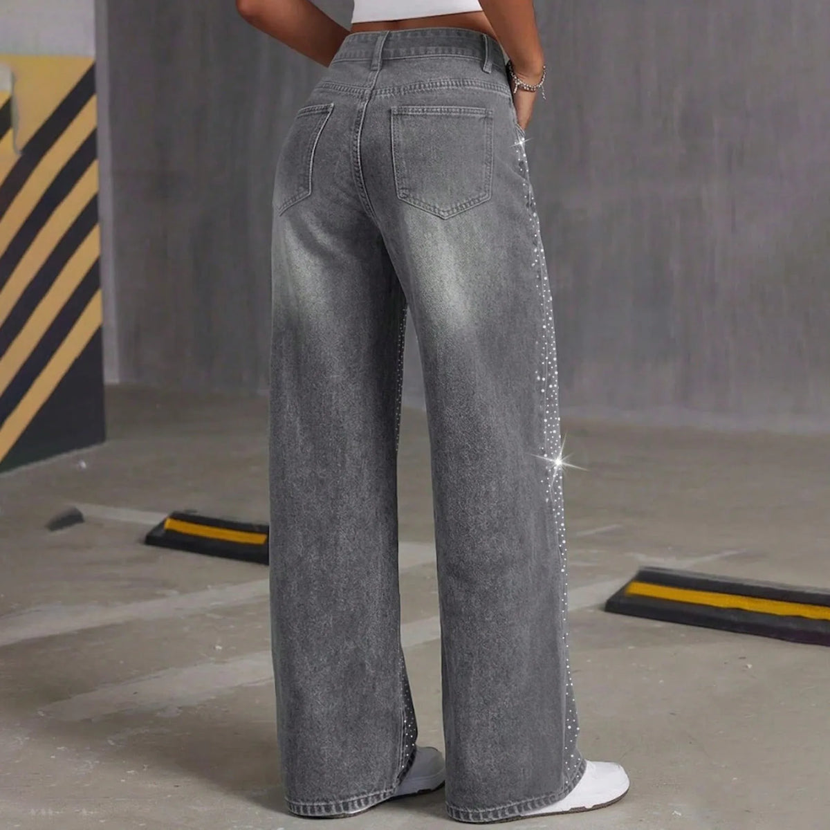Jeans a Gamba Dritta con Strass Grigi, Pantaloni Lunghi e Larghi, Comodi e Casual in Stile Coreano, Jeans in Denim di Cotone