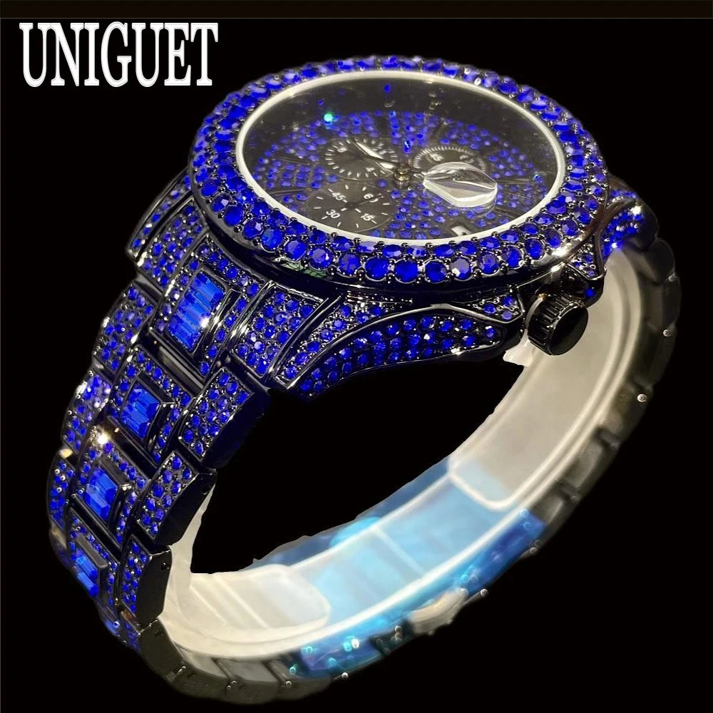 Vendita calda orologio rosso ghiaccio per uomo marchio di moda UNIGUET Hip Hop pieno di diamanti gioielli in acciaio inossidabile di lusso orologio da polso al quarzo uomo