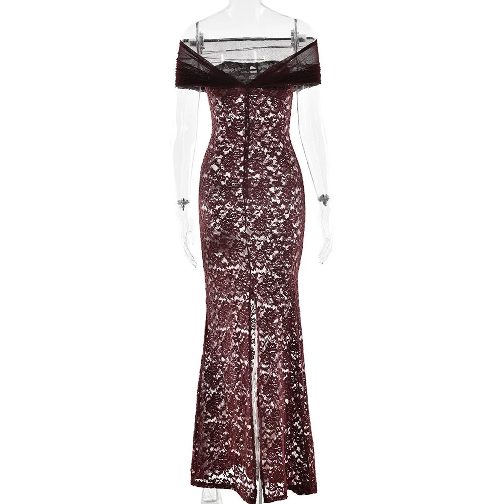 Apprabant Donne 2025 Nuovo Off Spalla Sirena Abito Da Sera Sexy Sheer Lace Patchwork Maglia Sottile Abito Lungo Elegante Partywear