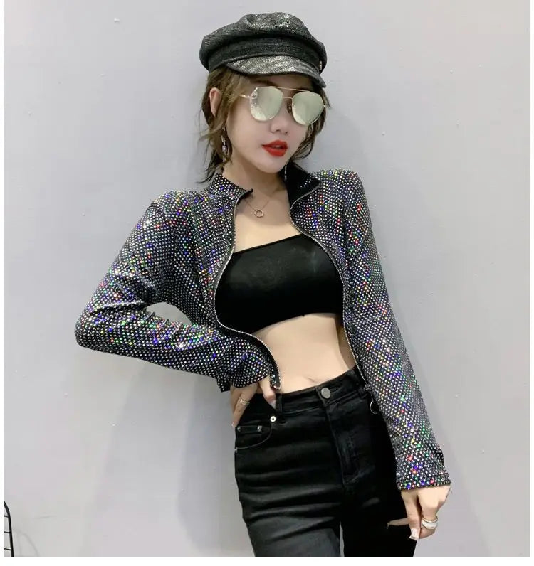 Giacca Autunnale da Donna, Nuova Giacca Corta con Paillettes, Moda Femminile, Manica Lunga, Design Elegante, Camicia Sexy