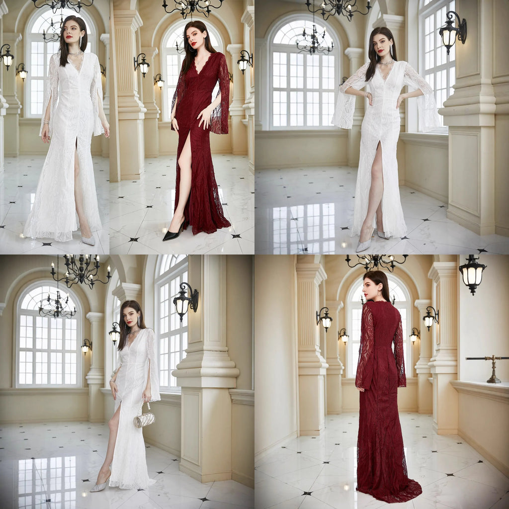 Abito in Pizzo da Donna Primavera Estate, Vestito da Damigella d'Onore, Abito da Sera per Ospiti di Matrimonio, Manica Lunga, Scollo a V, Aderente, Bordeaux