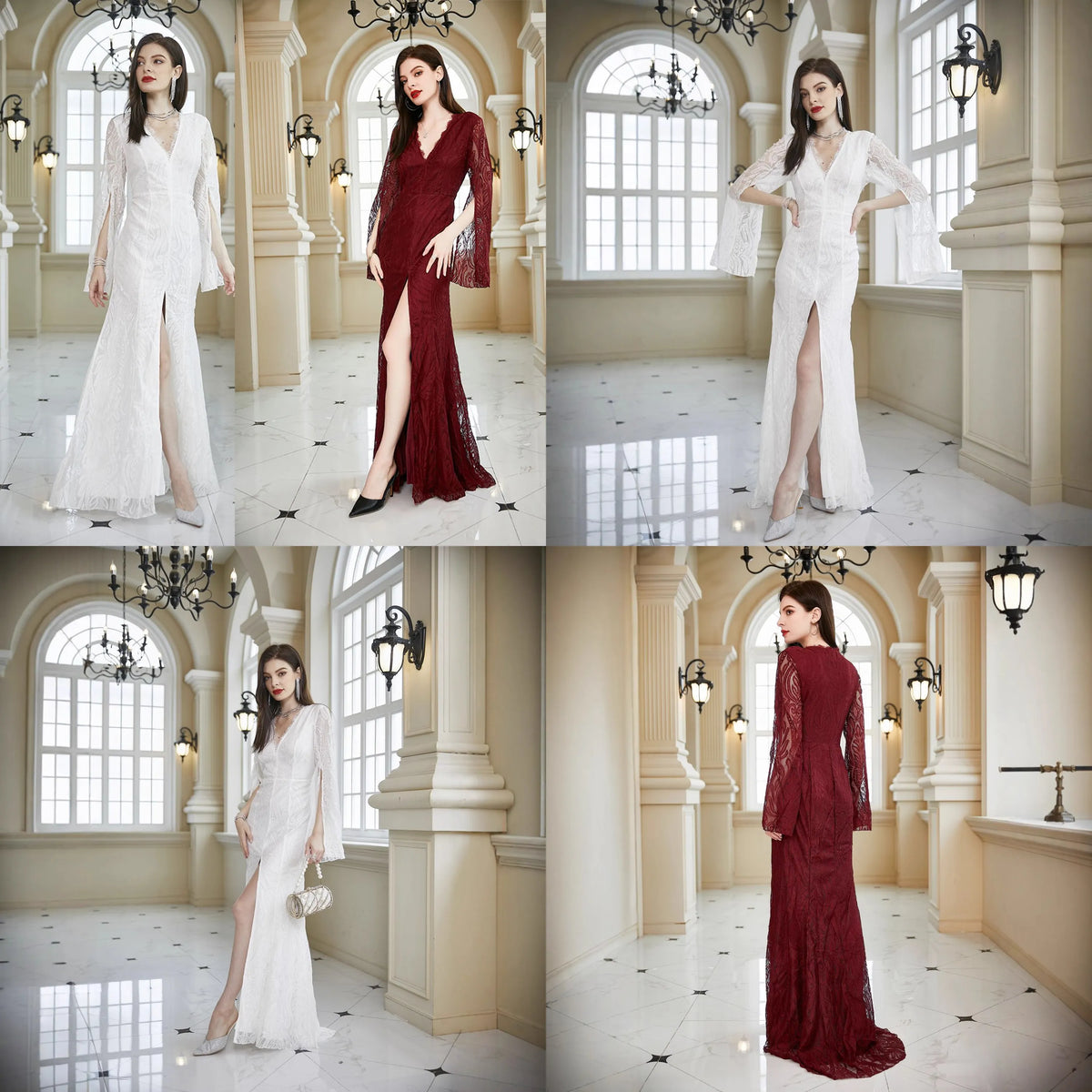 Abito in Pizzo da Donna Primavera Estate, Vestito da Damigella d'Onore, Abito da Sera per Ospiti di Matrimonio, Manica Lunga, Scollo a V, Aderente, Bordeaux