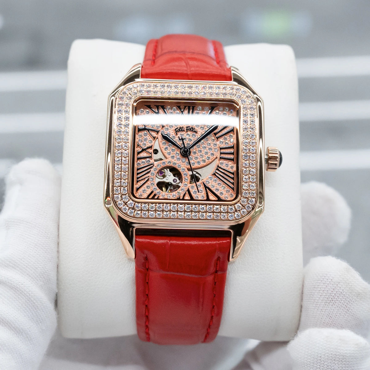 FolliFollie Orologio da donna automatico con quadrante in oro rosa e diamanti con numeri romani, cinturino in pelle, orologio da donna di lusso
