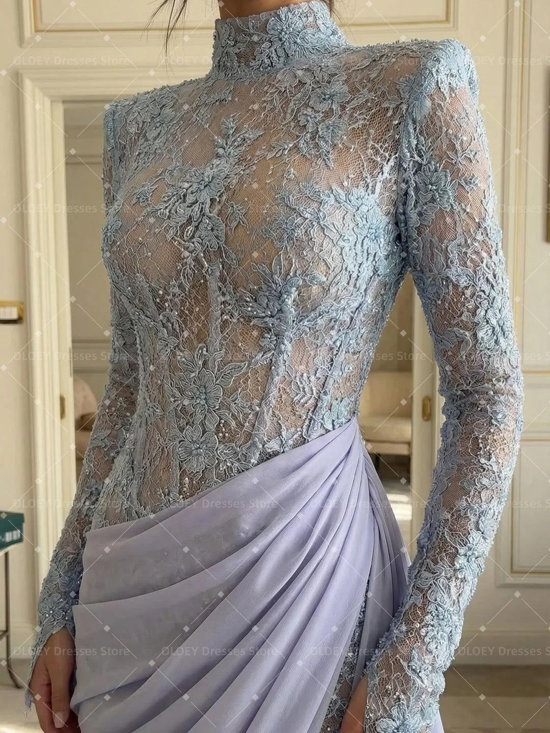 OLOEY Abito da sera in pizzo sfumato azzurro, collo alto, maniche lunghe, modello a sirena con strascico, per red carpet, feste formali e balli di fine anno