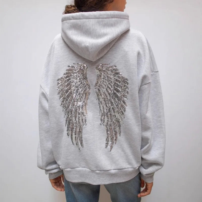 Felpe con Cappuccio da Donna con Stampa Ali d'Angelo in Paillettes, Maniche Lunghe, Tinta Unita, Stile Casual, Nuova Collezione 2025, Abbigliamento Streetwear Y2k